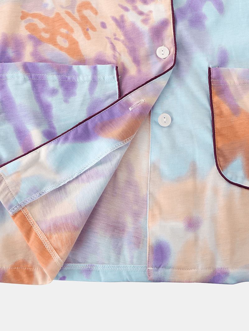 Kvinner Tie Dye Button Up Pocket Revere Krage Kortermet Hjemmepyjamassett