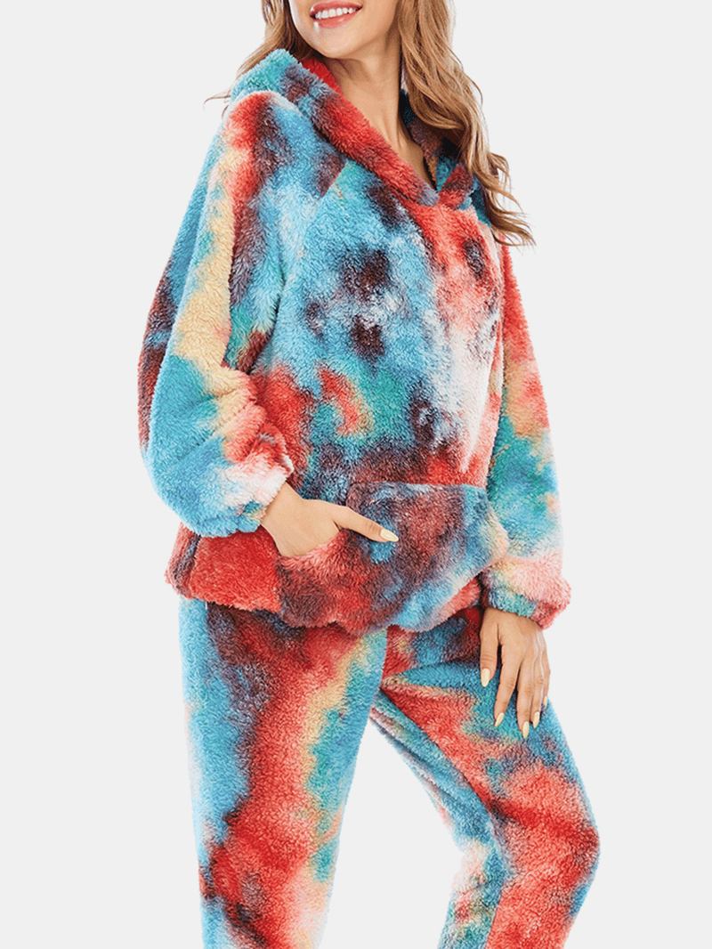 Kvinner Tie Dye Fleece Kengurulomme Hettegenser Bukser Hjem Sleepweat Fritids Pyjamassett