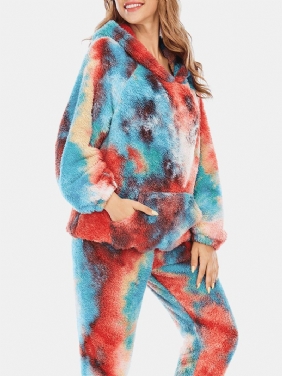 Kvinner Tie Dye Fleece Kengurulomme Hettegenser Bukser Hjem Sleepweat Fritids Pyjamassett