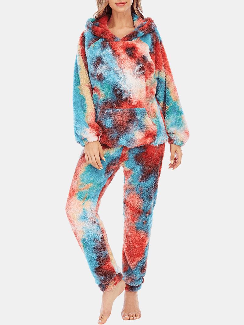 Kvinner Tie Dye Fleece Kengurulomme Hettegenser Bukser Hjem Sleepweat Fritids Pyjamassett