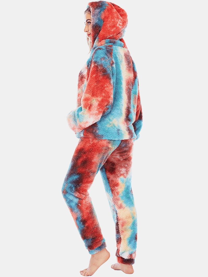 Kvinner Tie Dye Fleece Kengurulomme Hettegenser Bukser Hjem Sleepweat Fritids Pyjamassett