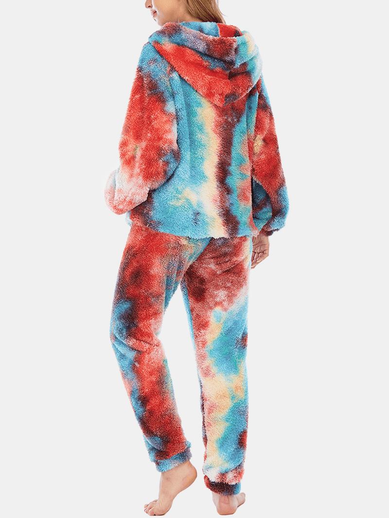 Kvinner Tie Dye Fleece Kengurulomme Hettegenser Bukser Hjem Sleepweat Fritids Pyjamassett