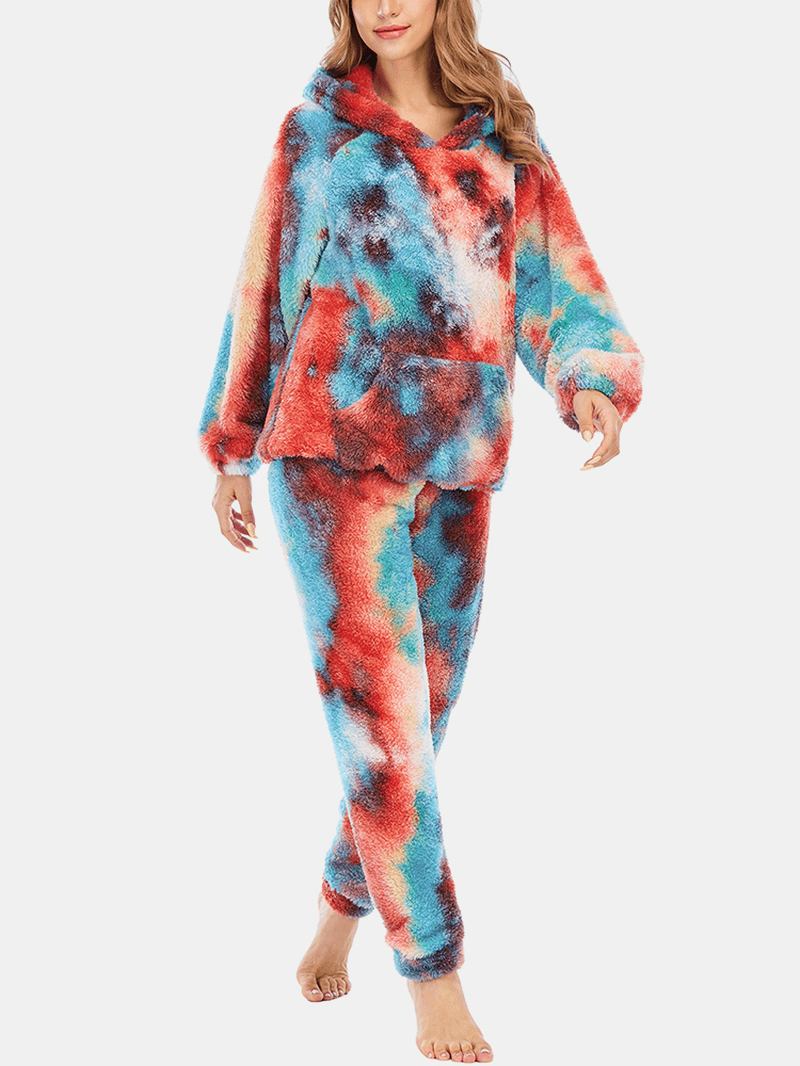 Kvinner Tie Dye Fleece Kengurulomme Hettegenser Bukser Hjem Sleepweat Fritids Pyjamassett