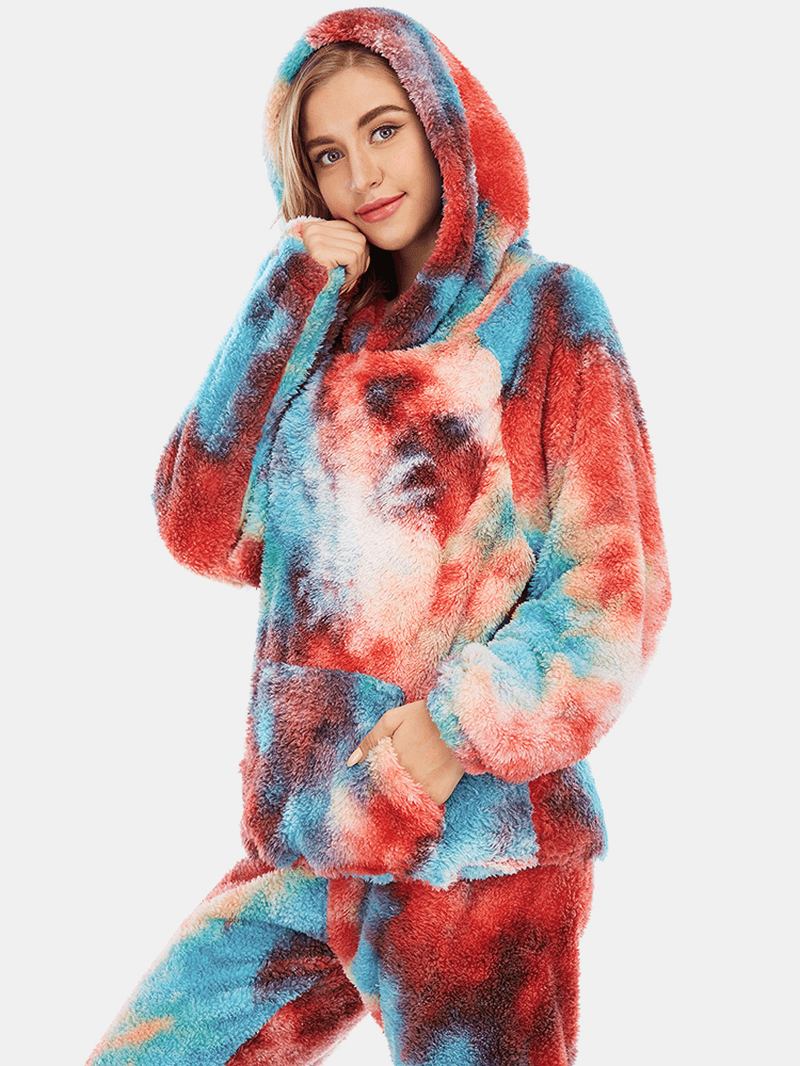 Kvinner Tie Dye Fleece Kengurulomme Hettegenser Bukser Hjem Sleepweat Fritids Pyjamassett