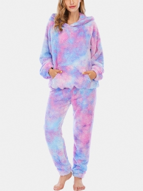 Kvinner Tie Dye Kengurulomme Langermet Fleece-hettegenser Løse Bukser Hjem Myk Pysjamassett