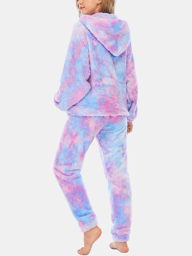 Kvinner Tie Dye Kengurulomme Langermet Fleece-hettegenser Løse Bukser Hjem Myk Pysjamassett