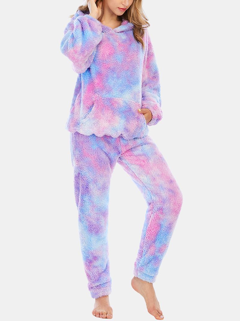 Kvinner Tie Dye Kengurulomme Langermet Fleece-hettegenser Løse Bukser Hjem Myk Pysjamassett