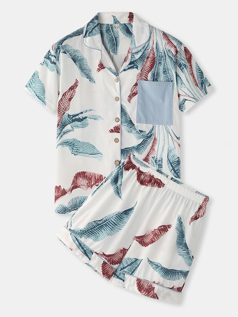 Kvinner Tropical Plant Leaves Med Trykk Button Up Revere Collar Kortermet Home Fritids Pyjamas Set