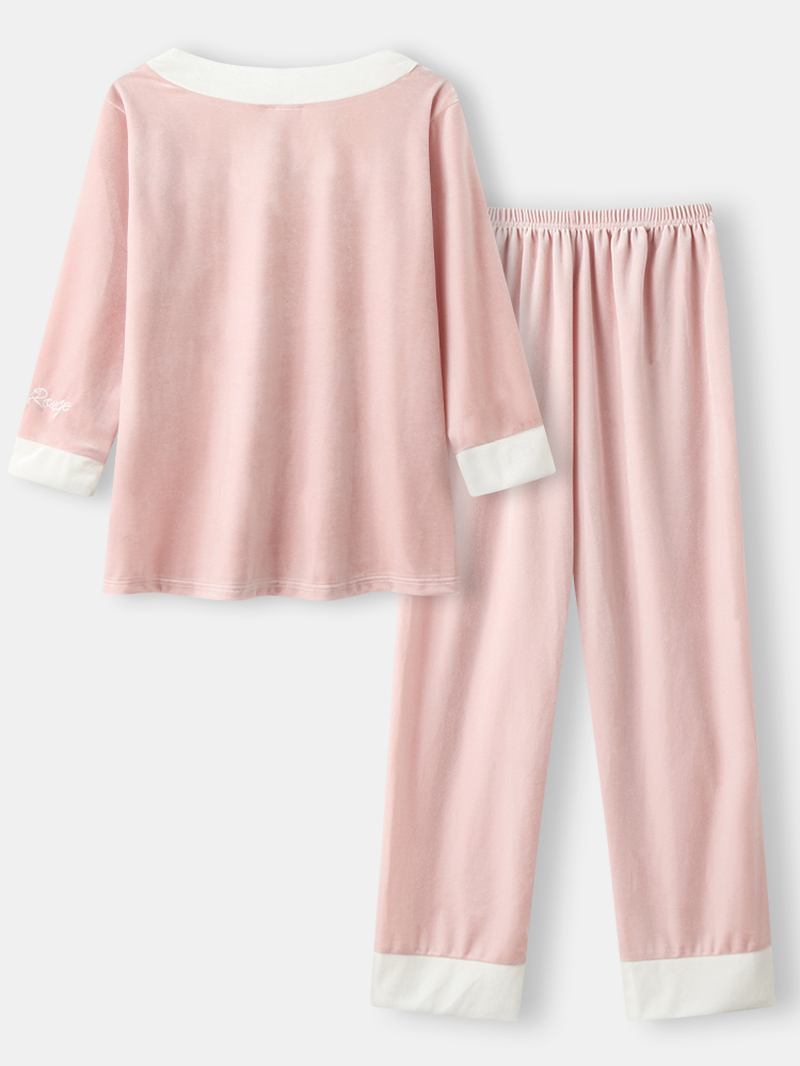 Kvinner Velour Kontrast V-hals Brev Broderi Cuff Koselige Pyjamas Sett