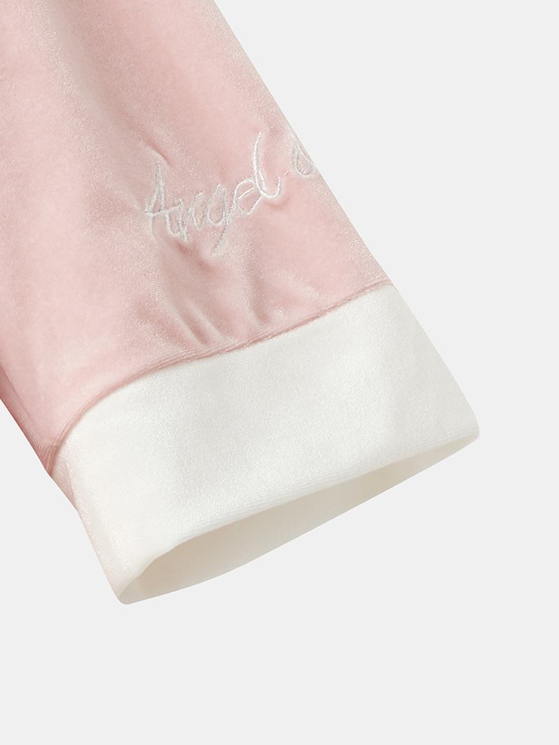 Kvinner Velour Kontrast V-hals Brev Broderi Cuff Koselige Pyjamas Sett