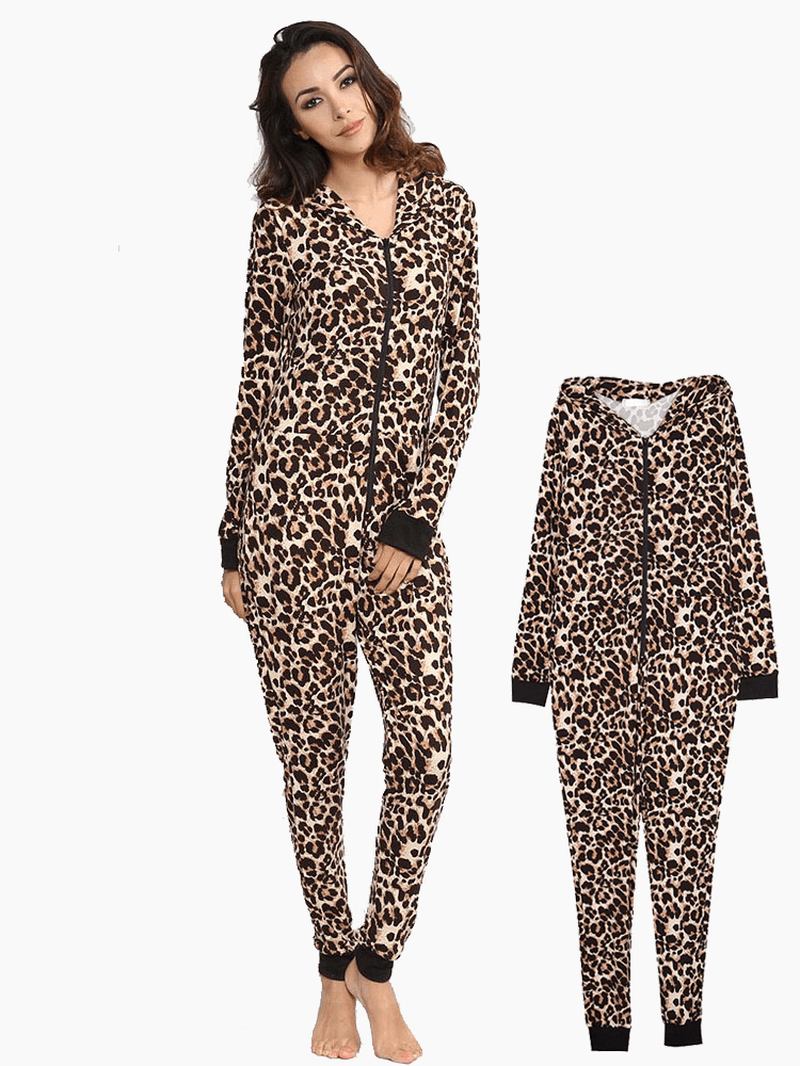 Leopard Jumpsuits Med Hette Foran Glidelås Pyjamassett