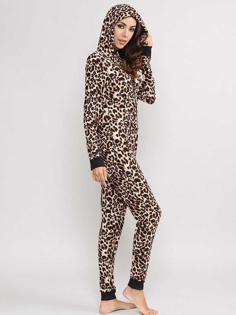 Leopard Jumpsuits Med Hette Foran Glidelås Pyjamassett