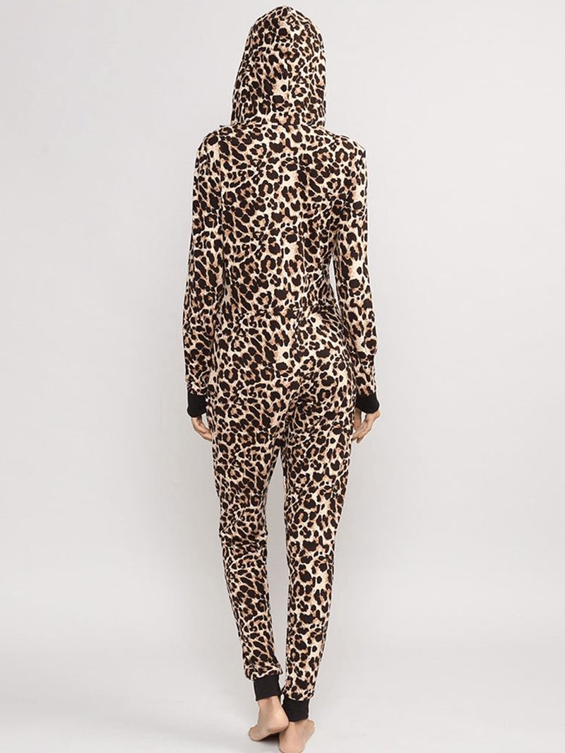 Leopard Jumpsuits Med Hette Foran Glidelås Pyjamassett