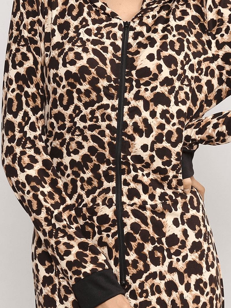 Leopard Jumpsuits Med Hette Foran Glidelås Pyjamassett