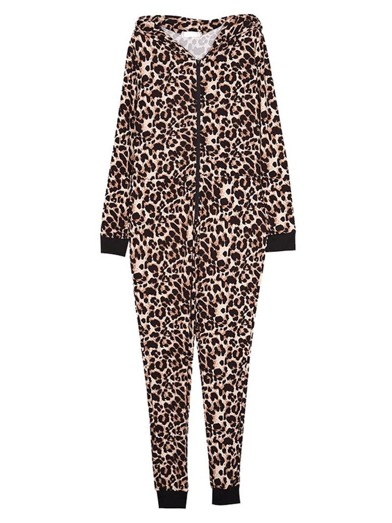 Leopard Jumpsuits Med Hette Foran Glidelås Pyjamassett