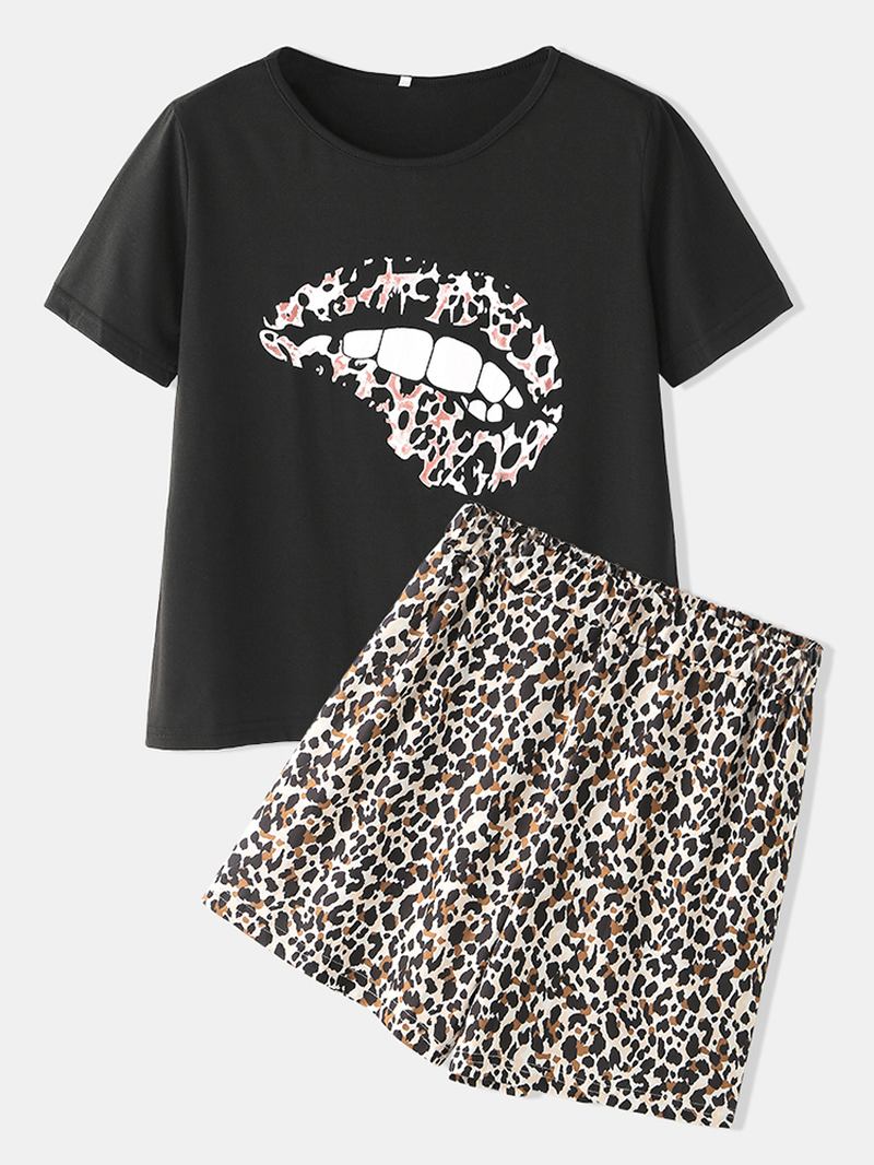 Leopard Med Trykk Pyjamas Sett To Deler O-hals Kortermet Kvinner Outwork Loungewear