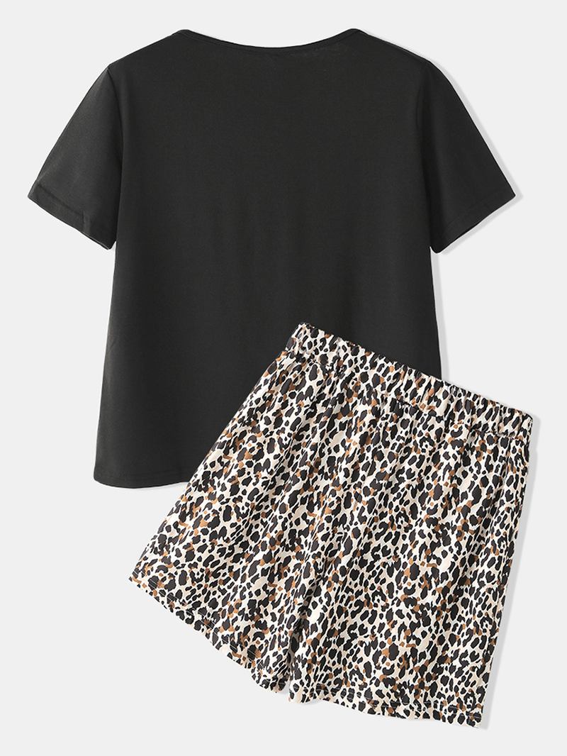 Leopard Med Trykk Pyjamas Sett To Deler O-hals Kortermet Kvinner Outwork Loungewear