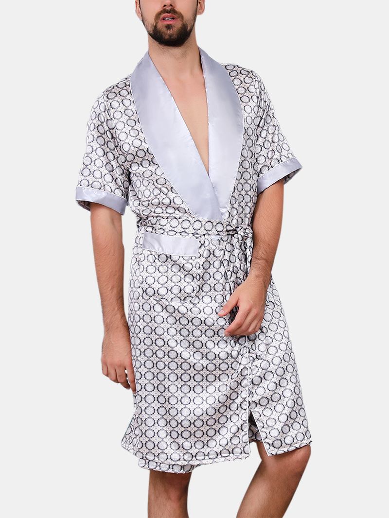 Luksuriøst Mønstertrykk For Menn Pocket Robe Shorts Hjem Uformelt Todelt Pyjamassett I Imitert Silke