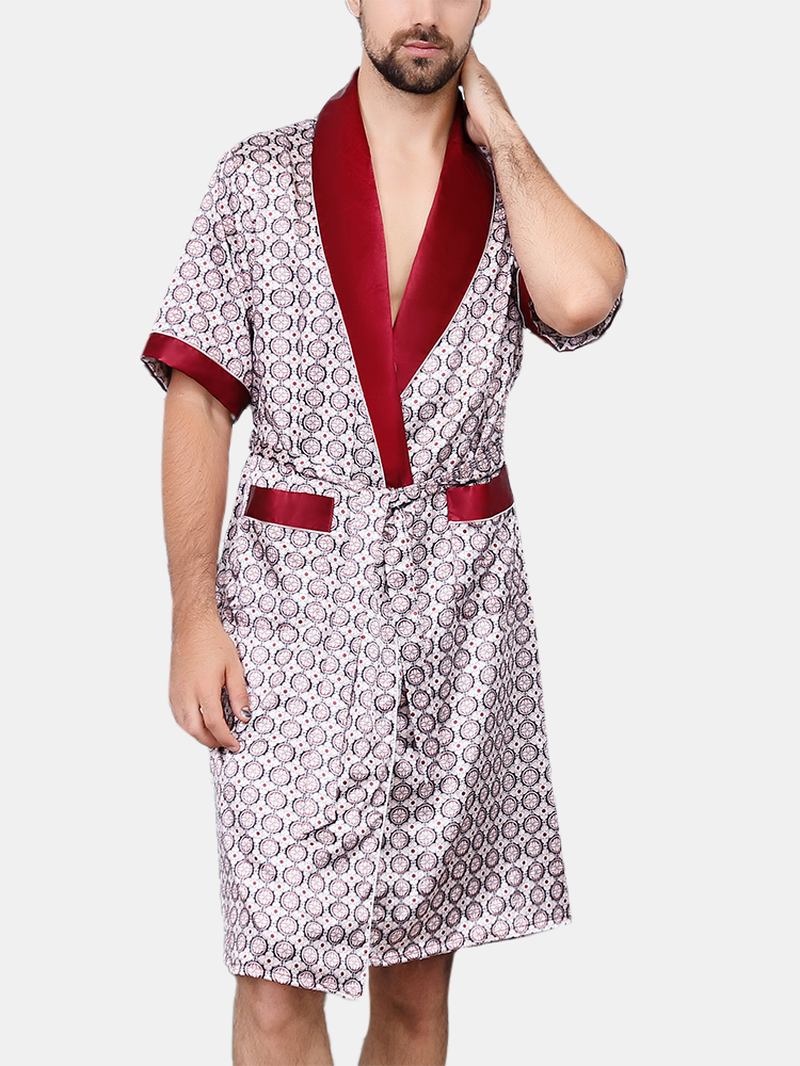 Luksuriøst Mønstertrykk For Menn Pocket Robe Shorts Hjem Uformelt Todelt Pyjamassett I Imitert Silke