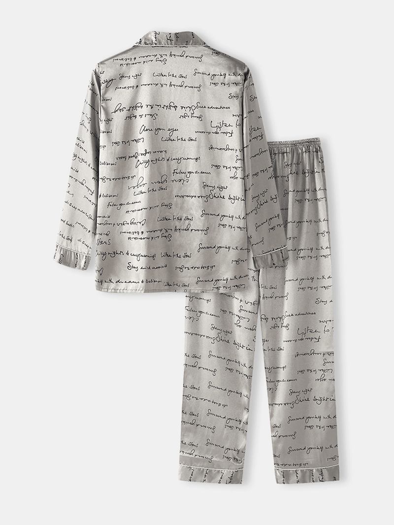 Menn Allover Slogan Med Trykk Flap Pocket Faux Silk Home Long Sleeve Lounge Pyjamas