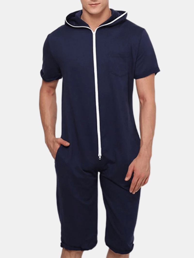 Menn Ensfarget Hette Lomme Kortermet Hjem Jumpsuit Glidelås Natttøy