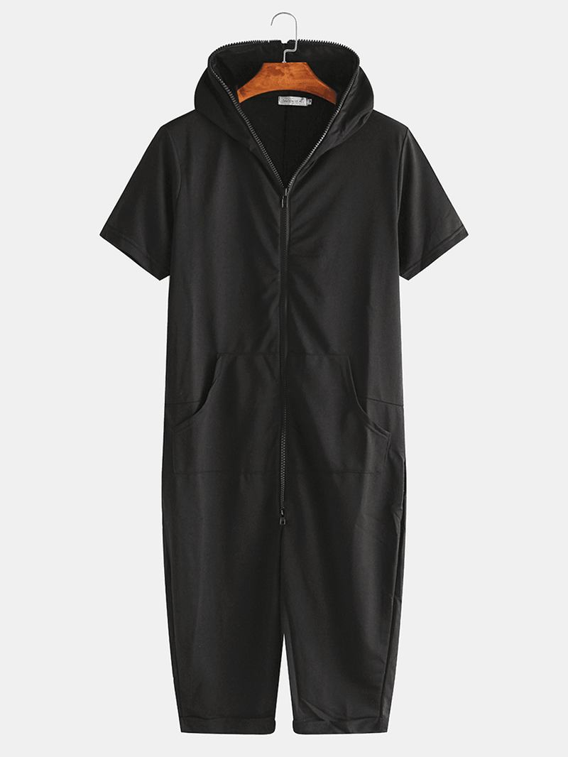 Menn Ensfarget Hette Lomme Kortermet Hjem Jumpsuit Glidelås Natttøy