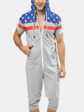 Menn Flag Med Trykk Hette Glidelåslomme Kortermet Hjem Jumpsuit Nattøy