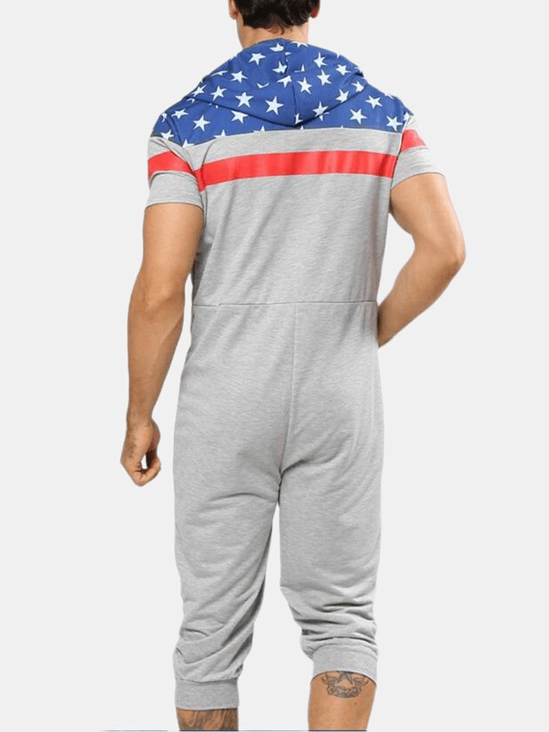 Menn Flag Med Trykk Hette Glidelåslomme Kortermet Hjem Jumpsuit Nattøy