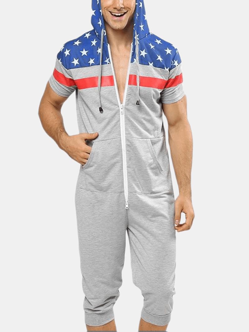 Menn Flag Med Trykk Hette Glidelåslomme Kortermet Hjem Jumpsuit Nattøy