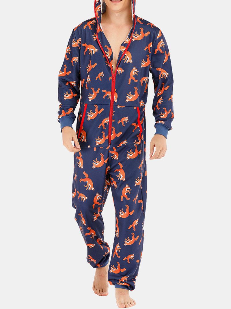 Menn Funny Wolf Med Trykk Jumpsuit Loungewear Royal Blue Hette Onesies Med Lommer