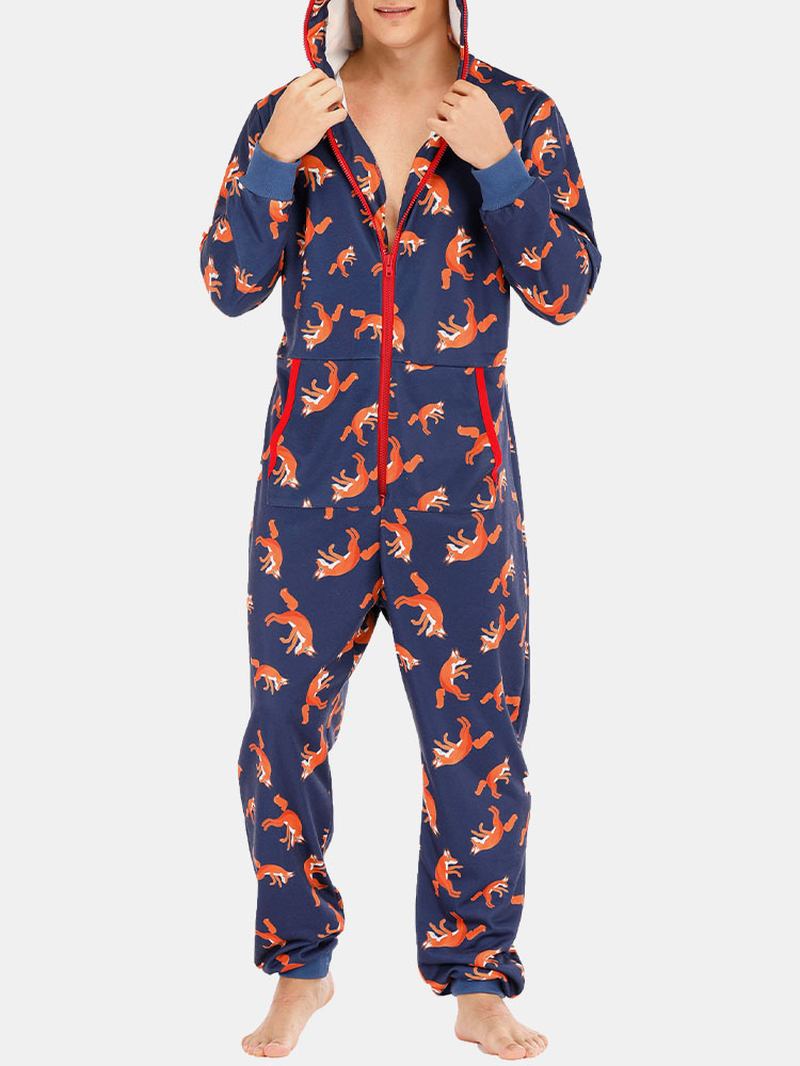 Menn Funny Wolf Med Trykk Jumpsuit Loungewear Royal Blue Hette Onesies Med Lommer