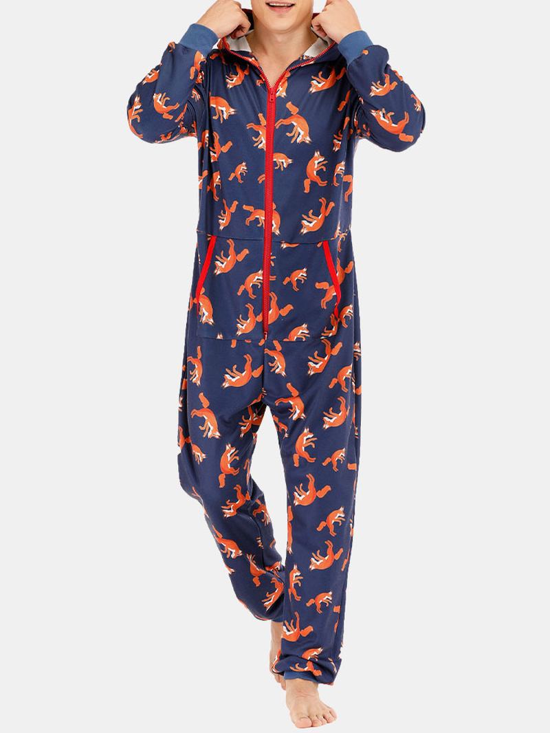 Menn Funny Wolf Med Trykk Jumpsuit Loungewear Royal Blue Hette Onesies Med Lommer