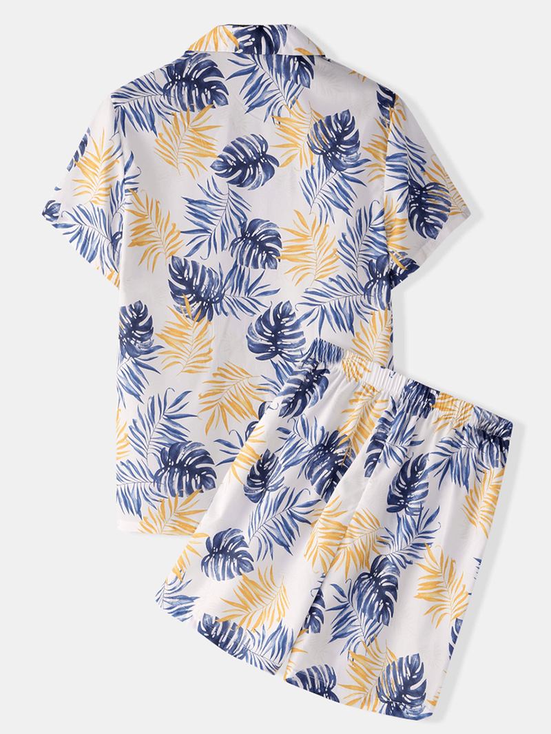 Menn Tropical Plant Leaves Med Trykk Turn Down Collar Pyjamas Set Faux Silk Home Nattøy