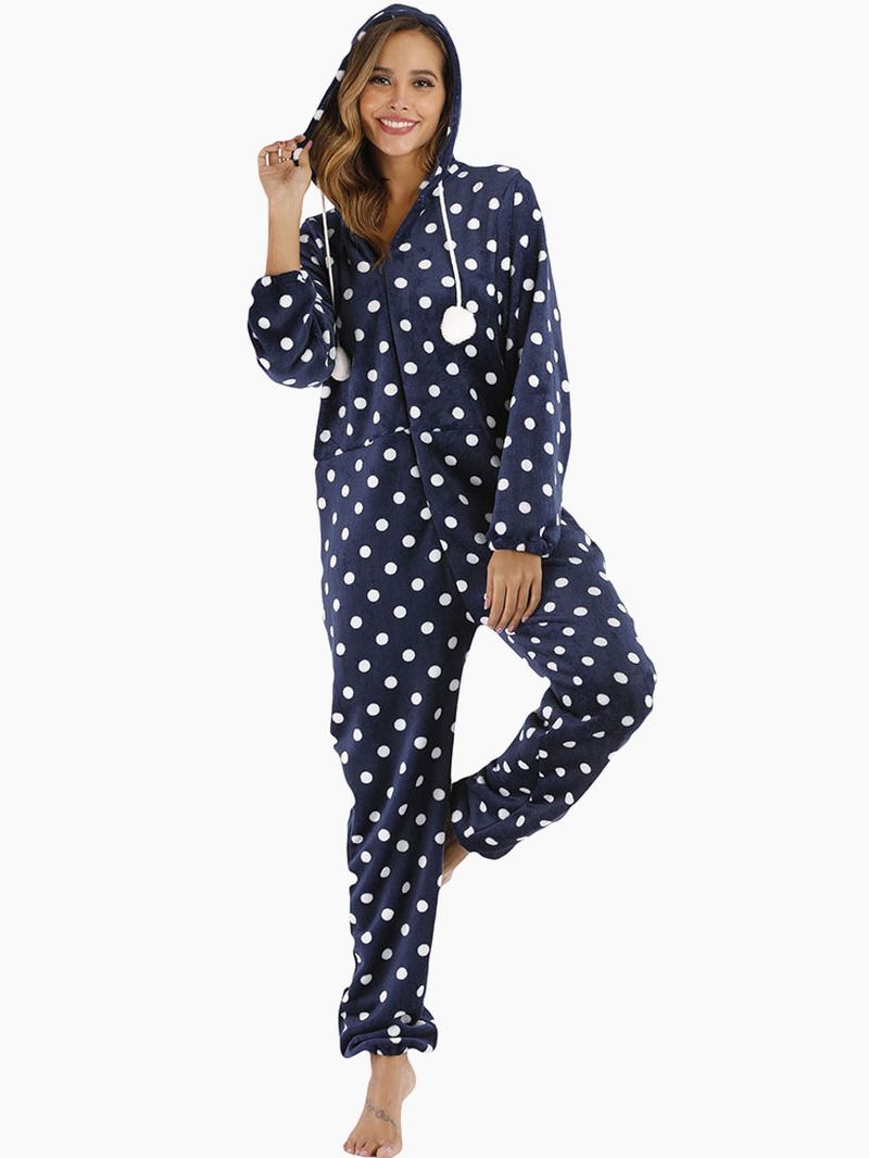 Navy Polka Dot Front Zip Hoodie Jumpsuit Fritids Pyjamas Set