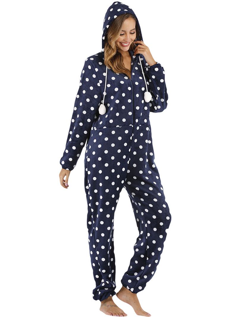 Navy Polka Dot Front Zip Hoodie Jumpsuit Fritids Pyjamas Set