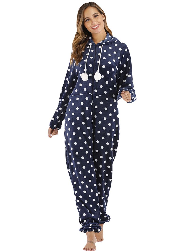 Navy Polka Dot Front Zip Hoodie Jumpsuit Fritids Pyjamas Set