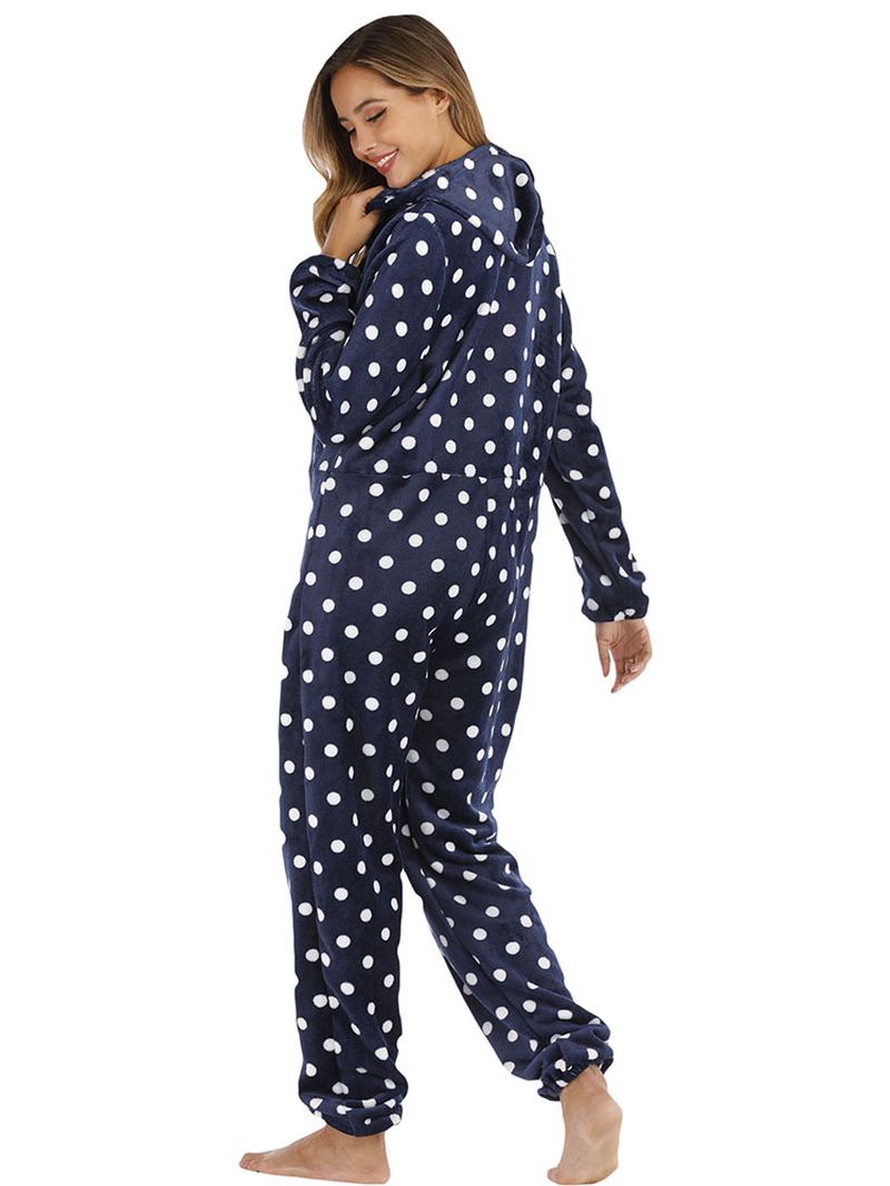 Navy Polka Dot Front Zip Hoodie Jumpsuit Fritids Pyjamas Set