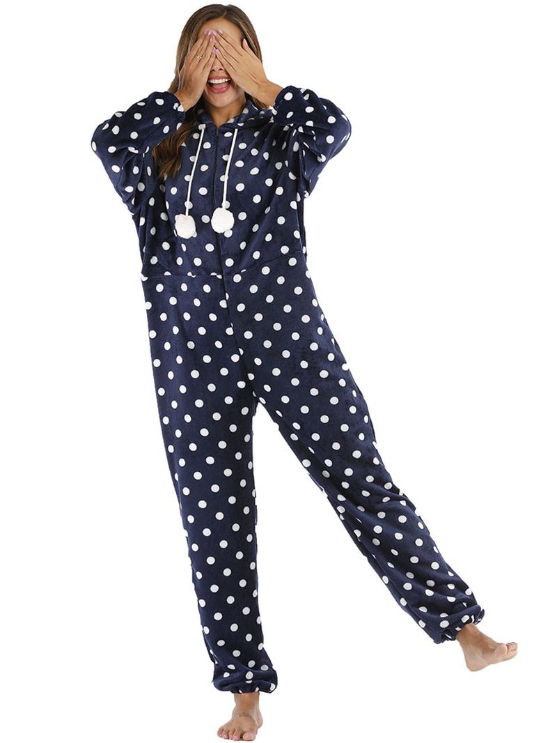 Navy Polka Dot Front Zip Hoodie Jumpsuit Fritids Pyjamas Set