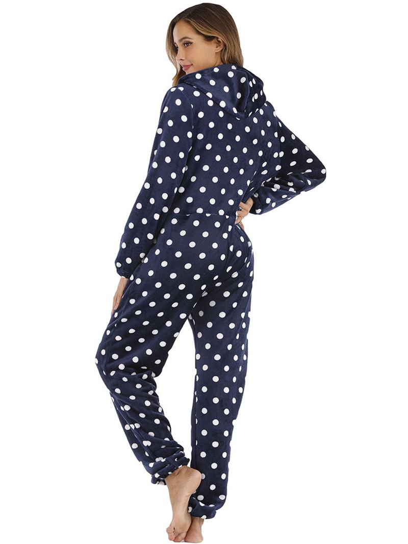 Navy Polka Dot Front Zip Hoodie Jumpsuit Fritids Pyjamas Set