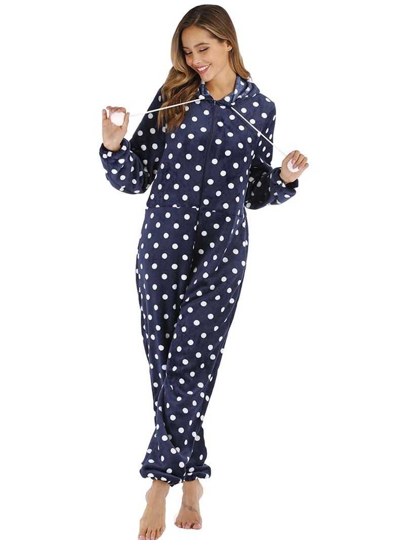 Navy Polka Dot Front Zip Hoodie Jumpsuit Fritids Pyjamas Set