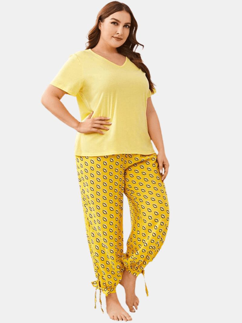 Plus Size Dame Ensfarget V-hals Topp Med Trykk Dragsnor Tie Beam Føtter Lange Bukser Hjem Pyjamassett