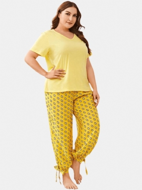 Plus Size Dame Ensfarget V-hals Topp Med Trykk Dragsnor Tie Beam Føtter Lange Bukser Hjem Pyjamassett