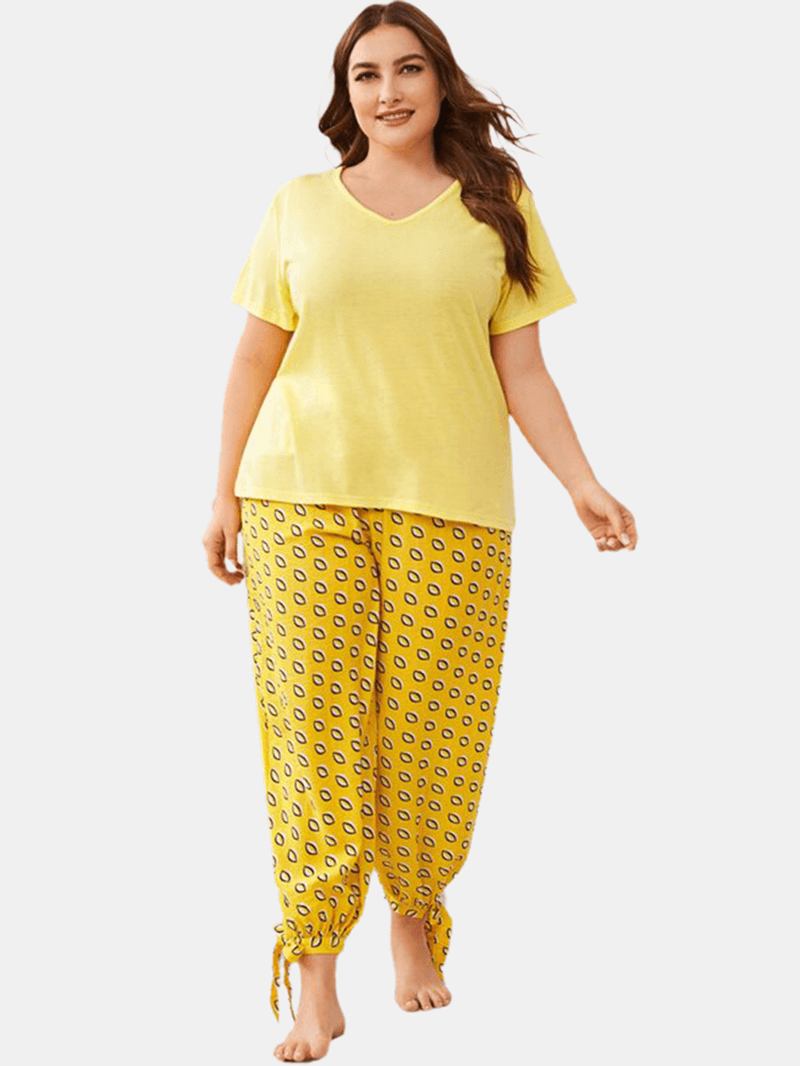 Plus Size Dame Ensfarget V-hals Topp Med Trykk Dragsnor Tie Beam Føtter Lange Bukser Hjem Pyjamassett