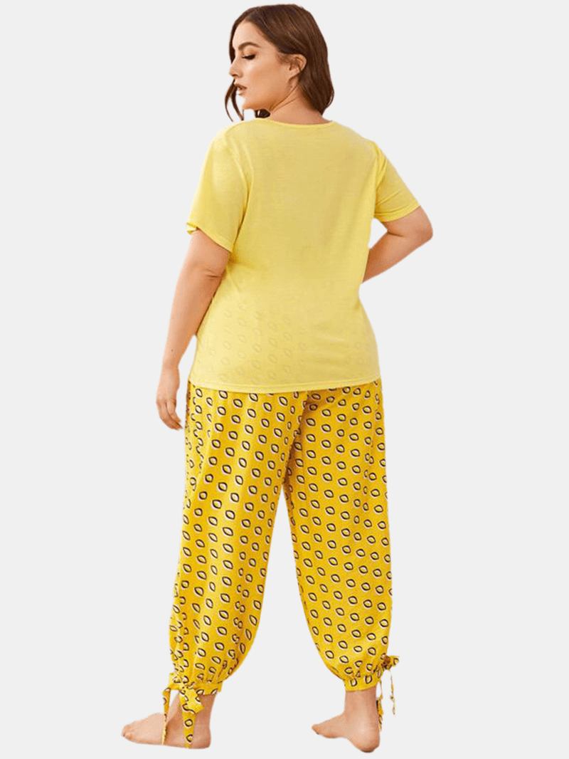 Plus Size Dame Ensfarget V-hals Topp Med Trykk Dragsnor Tie Beam Føtter Lange Bukser Hjem Pyjamassett