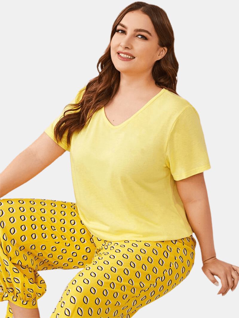 Plus Size Dame Ensfarget V-hals Topp Med Trykk Dragsnor Tie Beam Føtter Lange Bukser Hjem Pyjamassett