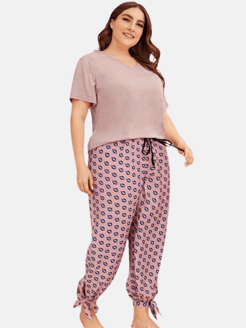 Plus Size Dame Ensfarget V-hals Topp Med Trykk Dragsnor Tie Beam Føtter Lange Bukser Hjem Pyjamassett