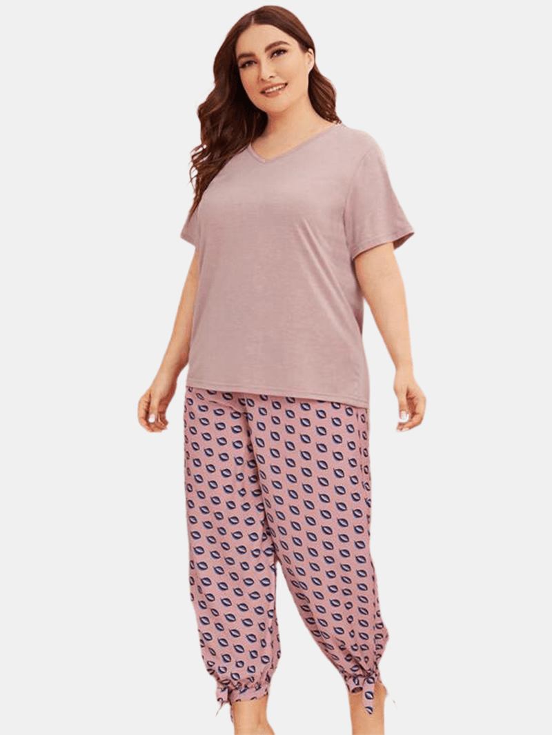 Plus Size Dame Ensfarget V-hals Topp Med Trykk Dragsnor Tie Beam Føtter Lange Bukser Hjem Pyjamassett