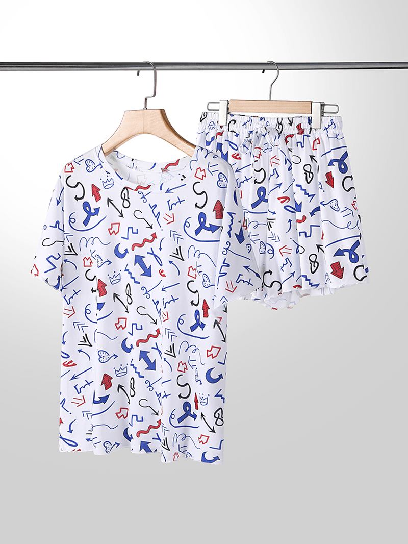 Plus Size Dame Graffiti Med Trykk Kortermet Snøring Fritids Pyjamas Set