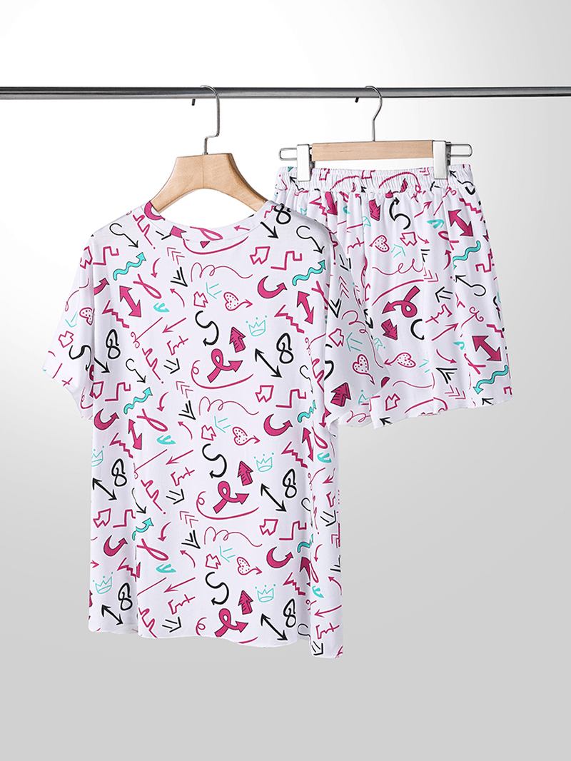 Plus Size Dame Graffiti Med Trykk Kortermet Snøring Fritids Pyjamas Set