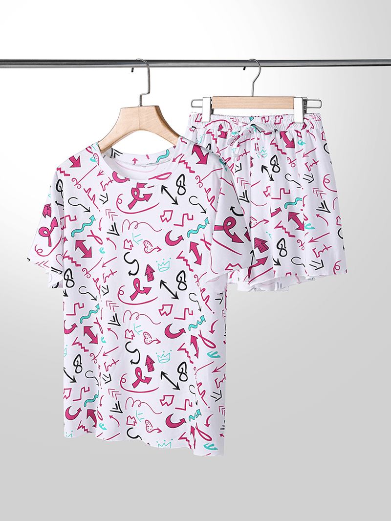 Plus Size Dame Graffiti Med Trykk Kortermet Snøring Fritids Pyjamas Set